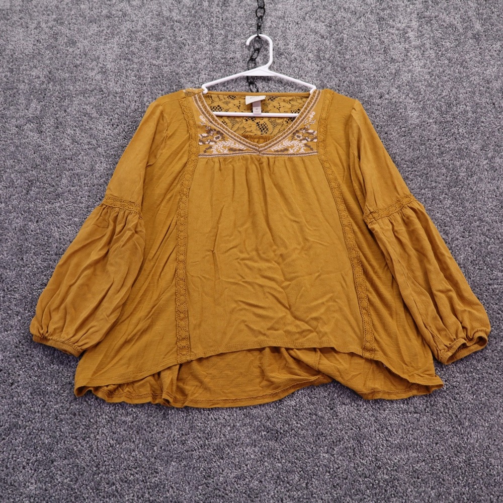 Knox Rose Blouse Womens Medium Mustard Yellow Lace Embroidered Boho Peasant Top